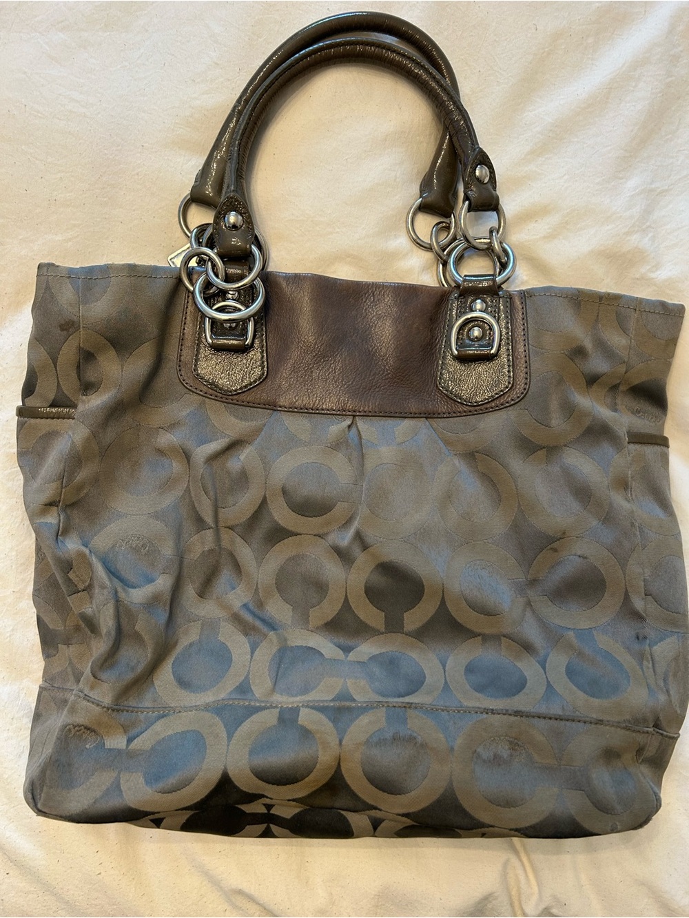 Coach Gray Monogram Canvas Tote with Dark Gray Leather Trim - Picture 2 of 4